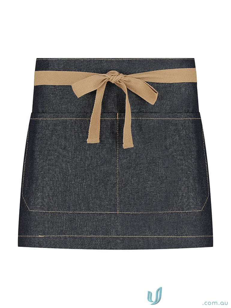Bronte Original Denim apron with tan tie and denim short apron style in indigo denim