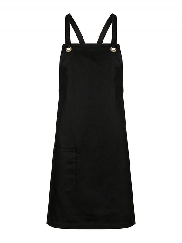 Black brooklyn canvas bib apron with cross-back straps in chocolate denim or sage green black