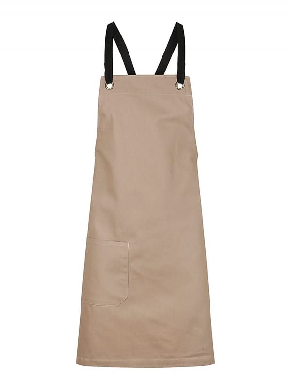 Beige Brooklyn Canvas Bib Apron with black straps and chocolate denim details