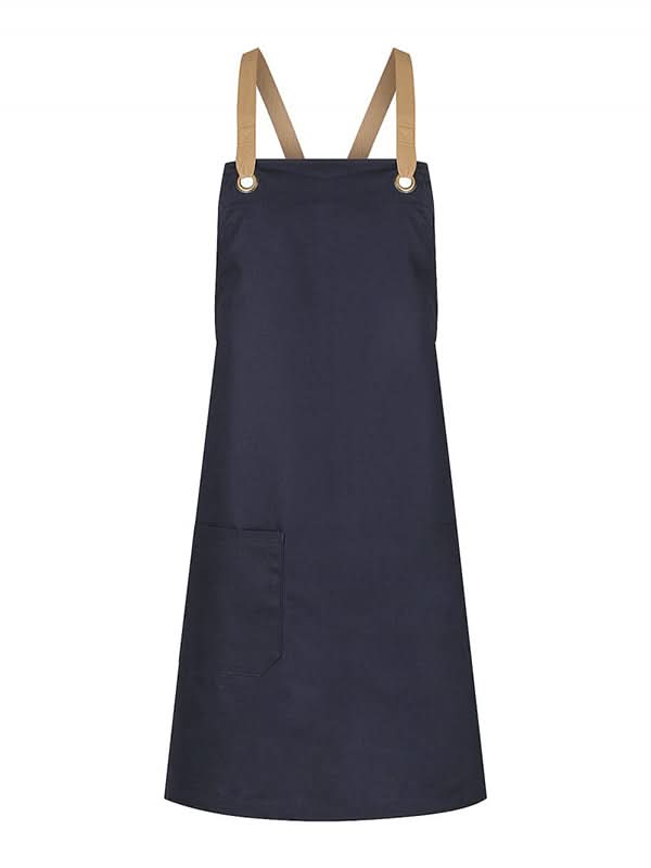 Navy blue apron with tan straps from Brooklyn Canvas Bib Apron collection