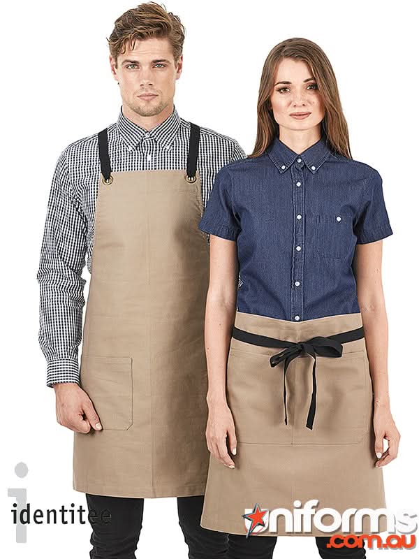 Two people wearing Brooklyn Canvas Bib Apron in chocolate denim and sage green black