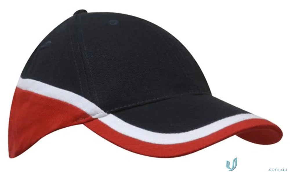 Black baseball cap with red brim and white stripe made of brushed heavy cotton