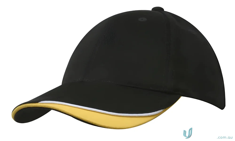 Black and gold baseball cap with brushed heavy sports twill and contour trim