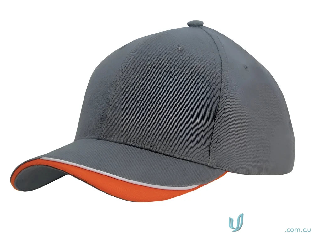 Gray and orange baseball cap made of brushed heavy sports twill with contour trim