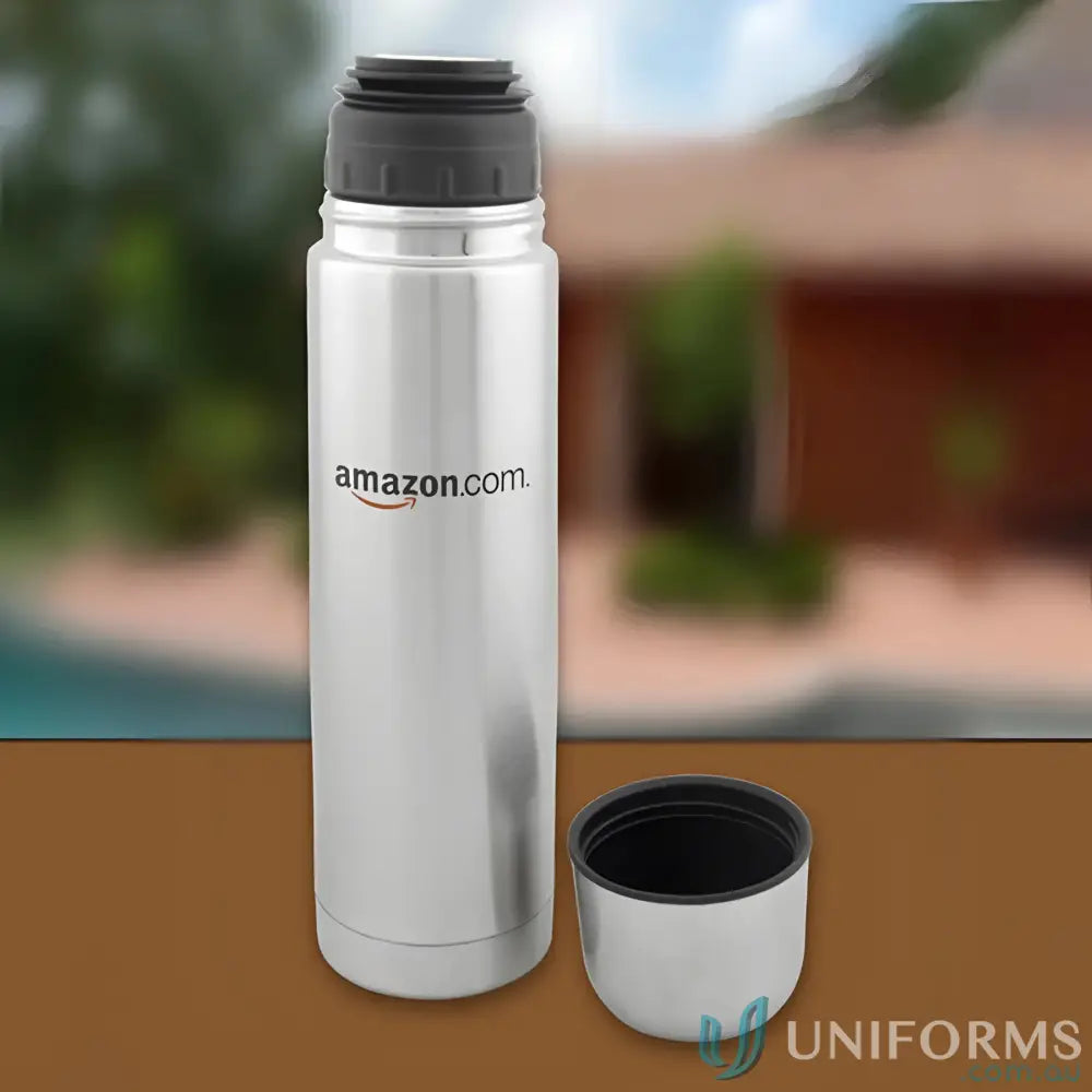 Silver stainless steel vacuum flask with screw-on cap and black top, Bullet 500ml