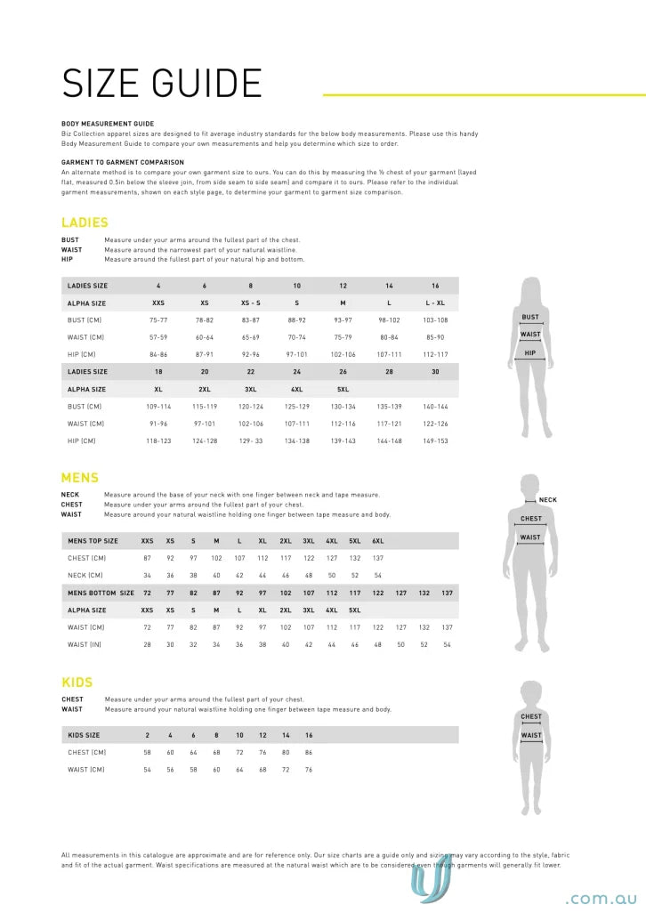 Size guide chart for Camden Long Sleeve Women’s Camden Cotton Rich Shirt
