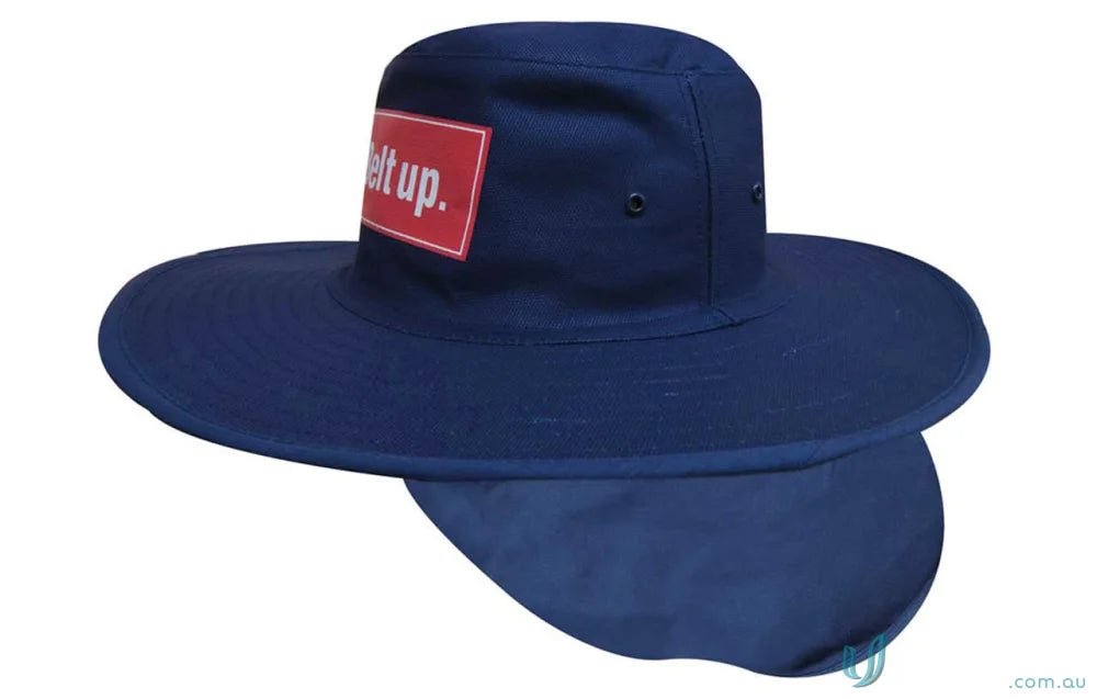 Navy blue canvas sun hat with wide brim and neck flap for sun protection