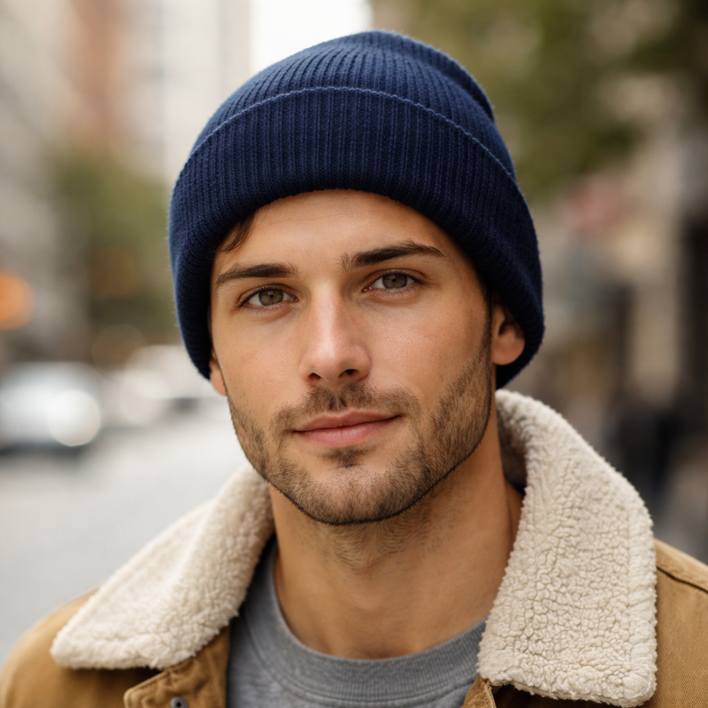 Navy blue ribbed knit roll up cable knit snug beanie perfect for comfortable workwear and casual uniforms