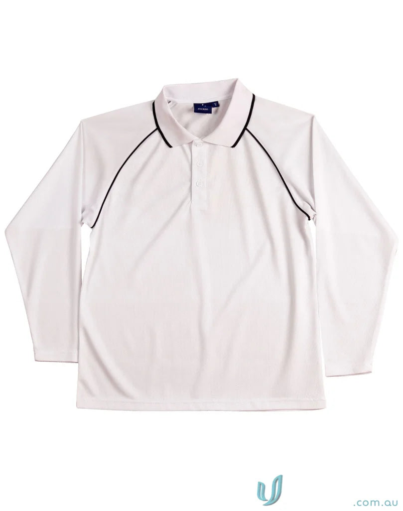 White long-sleeved polo shirt with black trim from Winning Spirit Raglan collection, cooldry champion long style