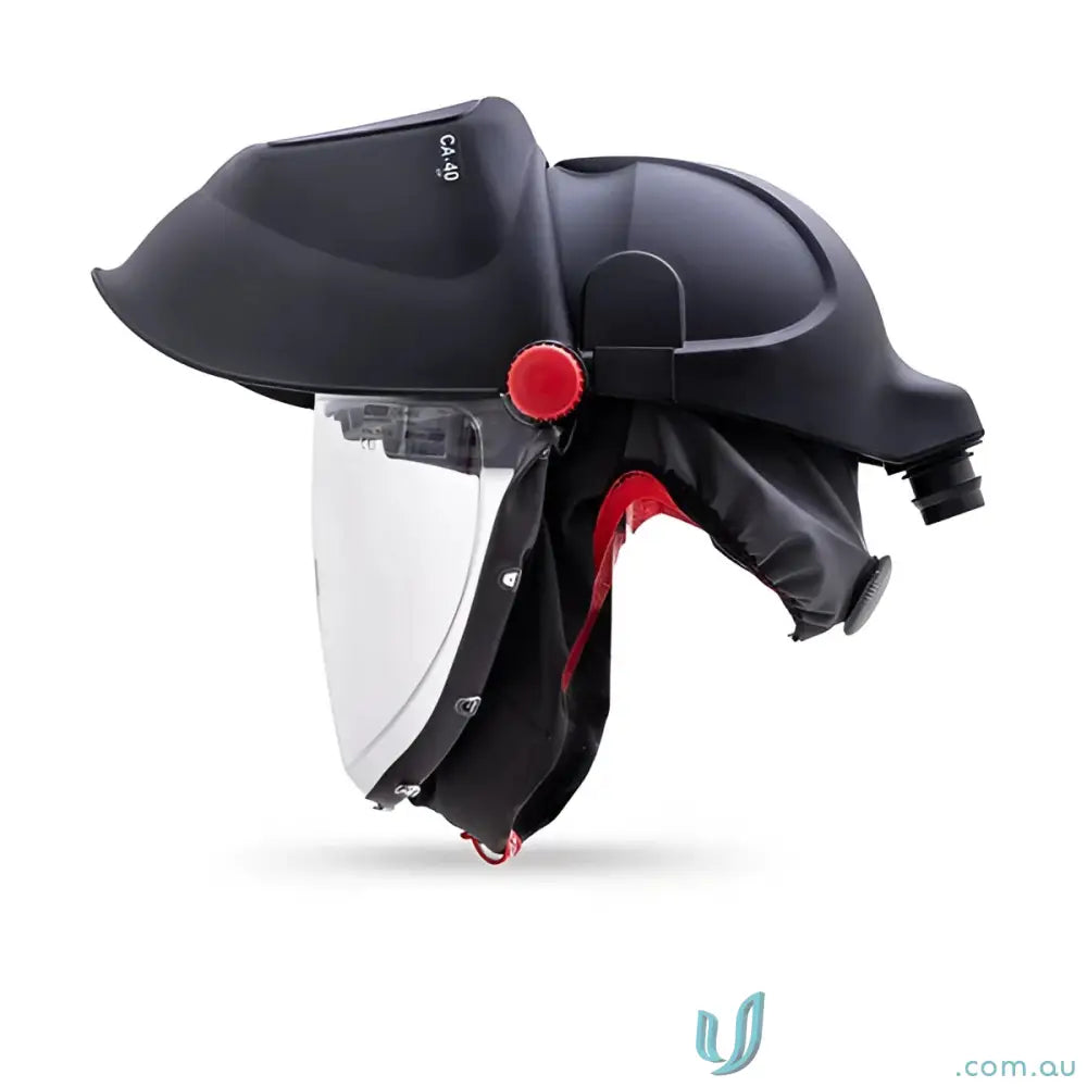 Black powered air-purifying respirator helmet with NZS safety visor and industrial protective gear