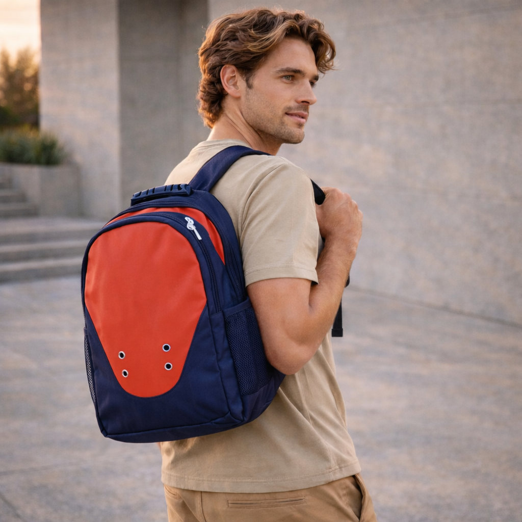 B5001 Climber Backpack in navy blue orange with red grommets panel