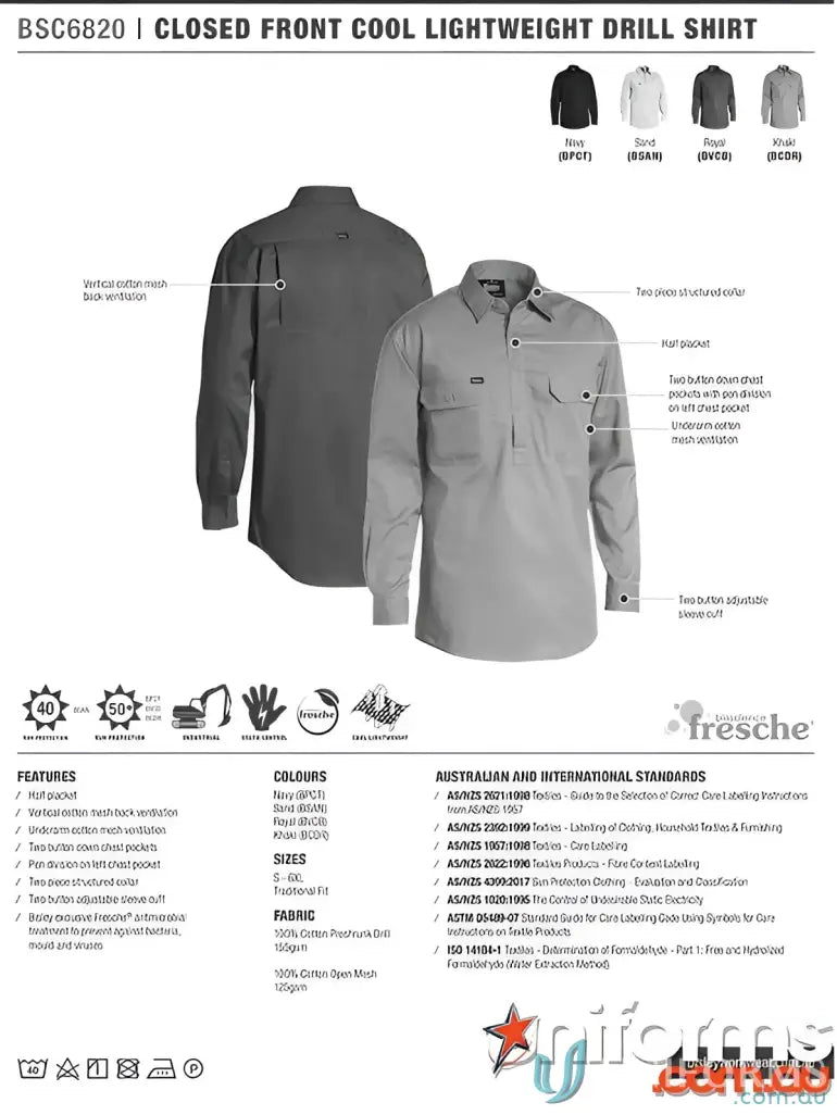 Closed front cool lightweight drill shirt perfect for fit body chest by Bisley Closed
