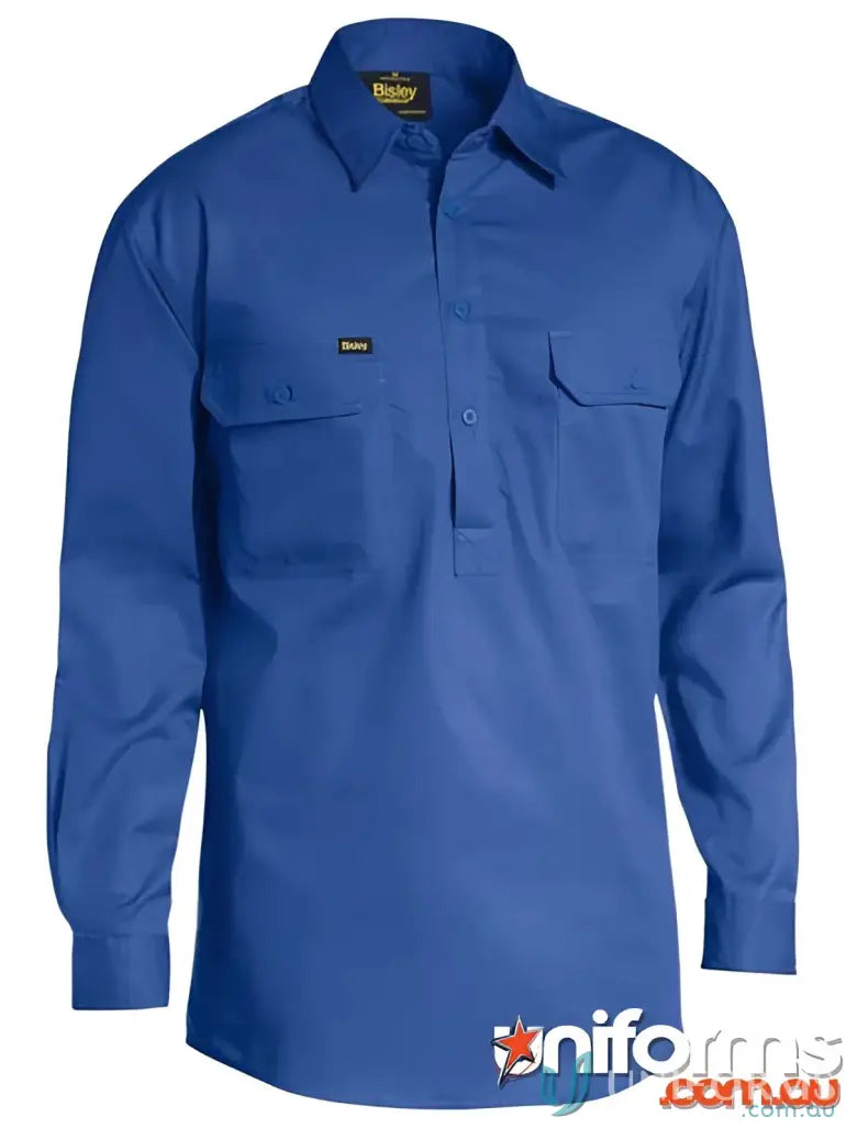 Blue long-sleeved work shirt made from cool lightweight drill fabric for a perfect fit