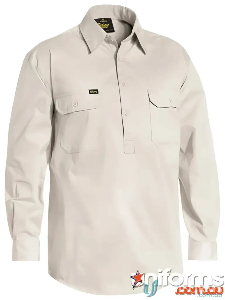Khaki long-sleeved work shirt from Bisley Closed featuring cool lightweight drill fabric