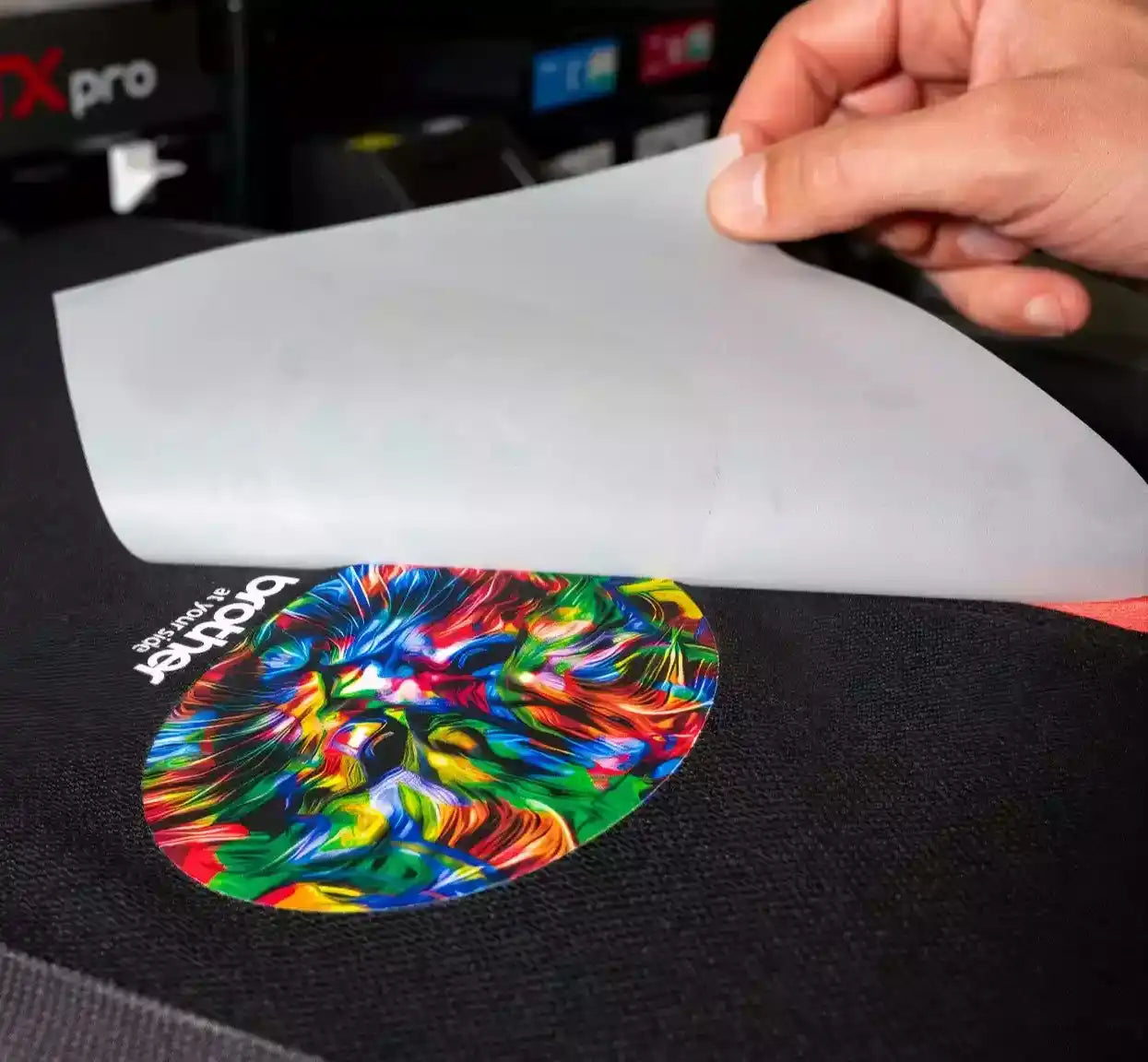 Colorful printed design on fabric.
