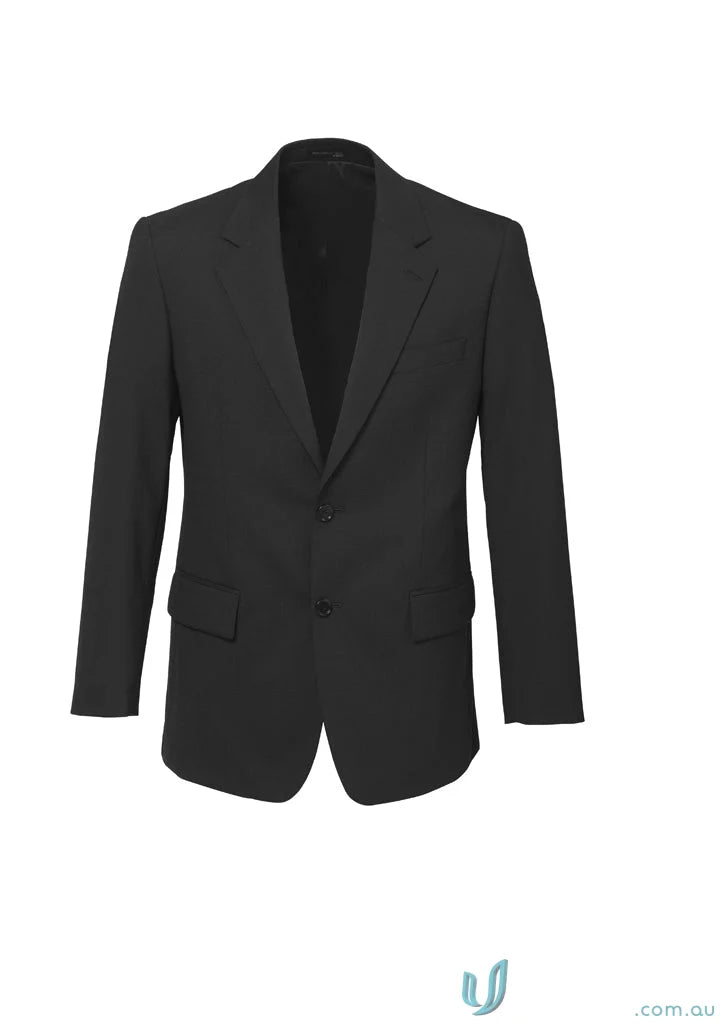 Classic black mens blazer with notch lapels and flap pockets, premium wool stretch fabric