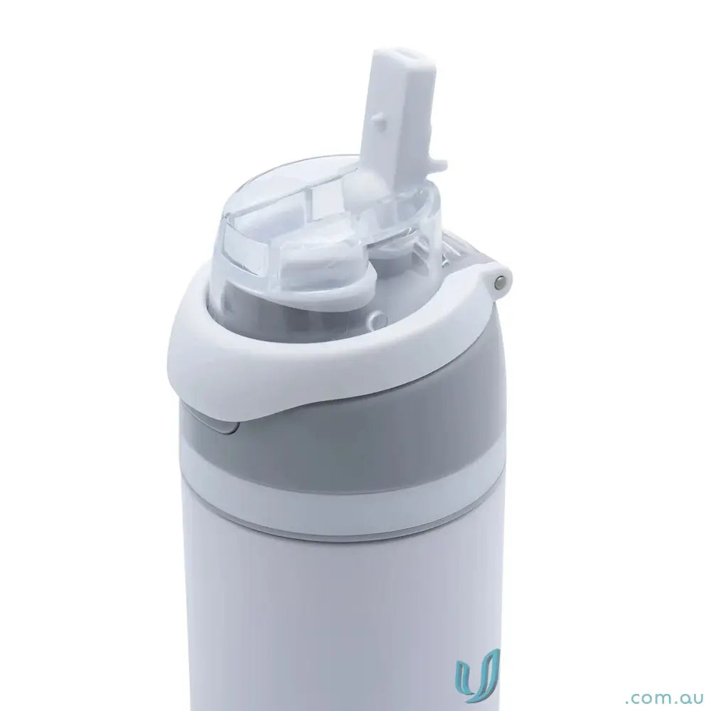 White and gray stainless steel drink bottle with flip-top straw and powder coat finish