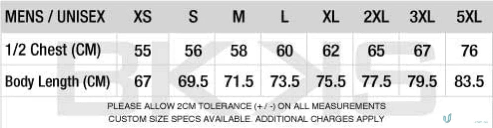 Clothing size chart for Contrast Back Hoodie made with premium brushed fleece and recycled polyester