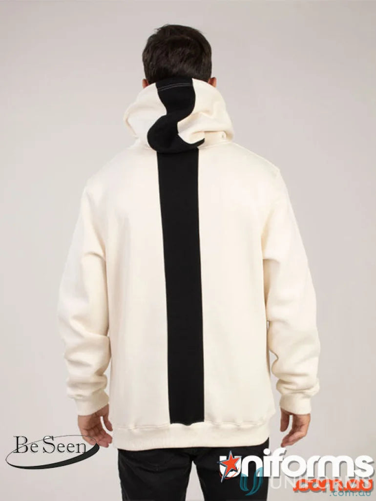 Cream-colored hoodie with black stripe made from premium brushed fleece and recycled polyester