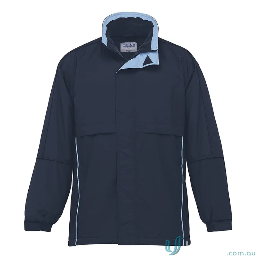 Navy blue Contrast Basecamp Anorak with light blue collar, nylon ottoman shell and velcro storm flap