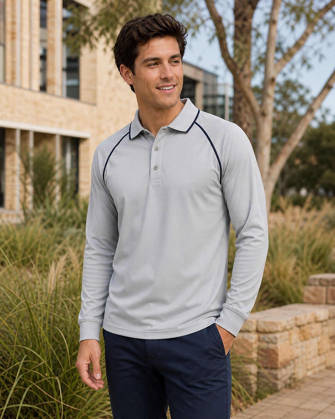Australian male model wearing light grey Cool Dry long sleeve polo
