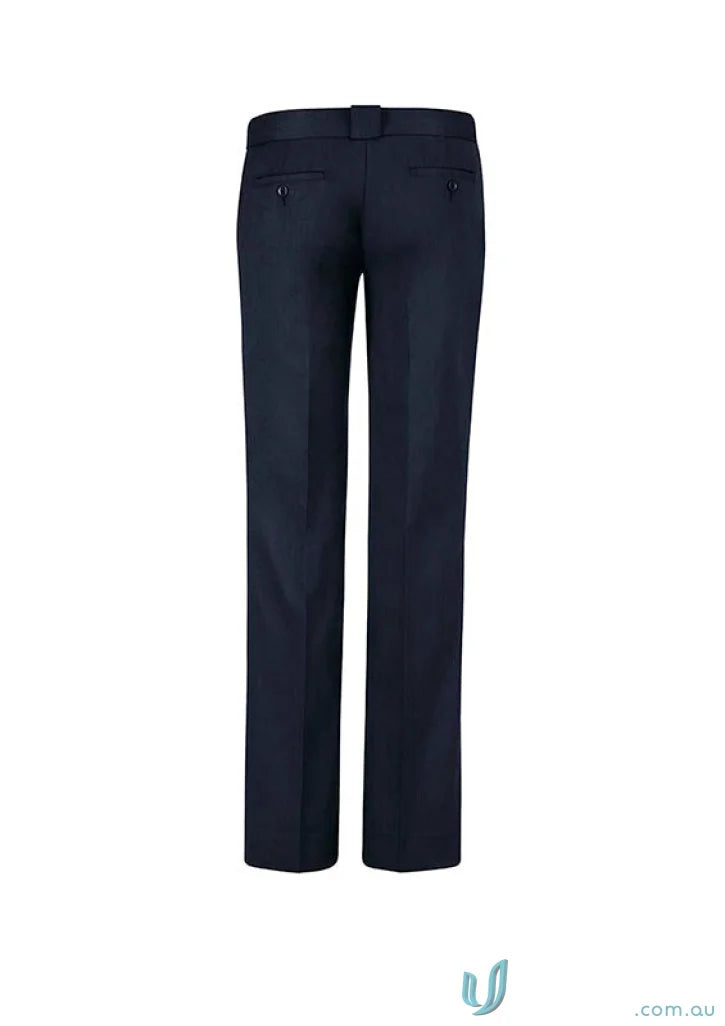 Dark blue mens dress pants with flat front and straight leg for hipster fit workwear