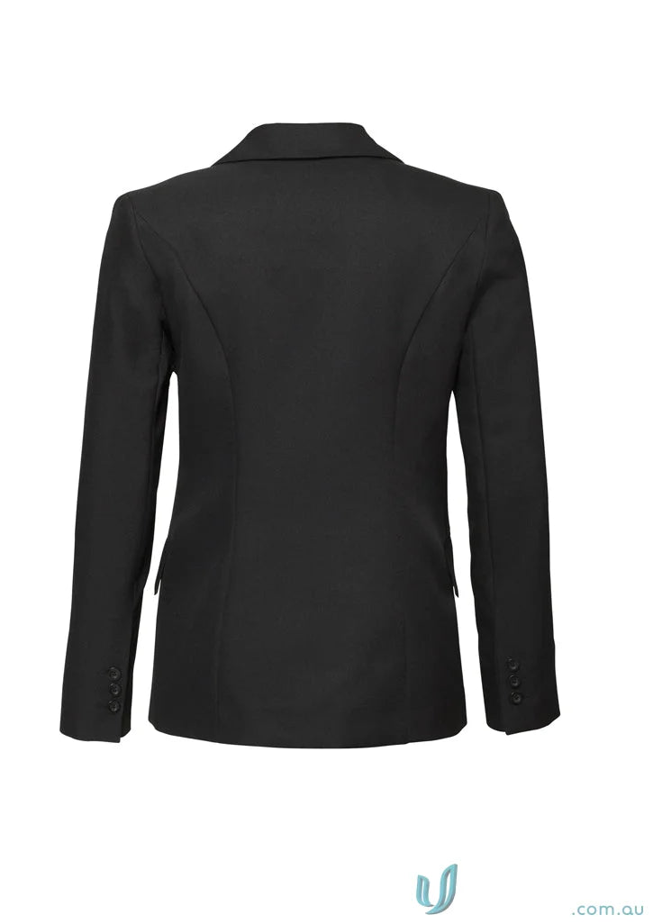 Black womens blazer with notched lapel and three sleeve buttons, cool stretch longline ladies jacket