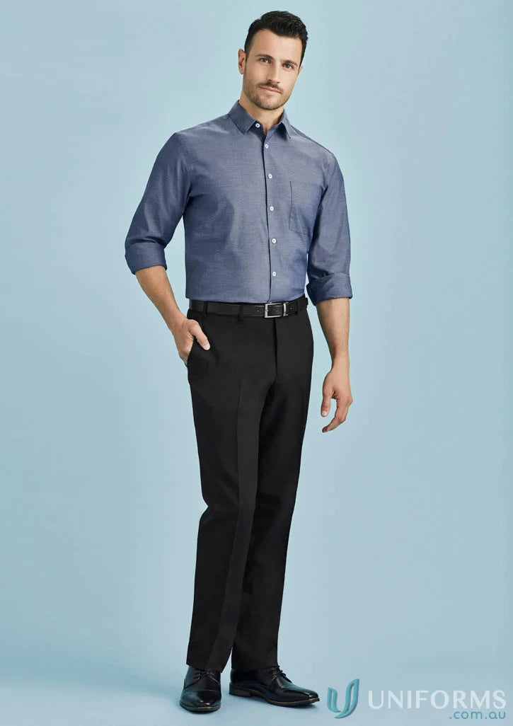 Man in a button-down shirt and Cool Stretch Slimline Pant, the perfect mens cool stretch look