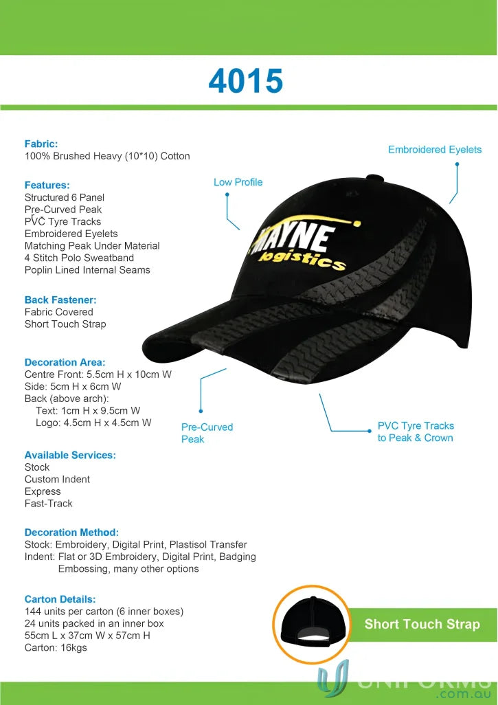 Black structured Core Spun Twill baseball cap with Wayne Logistics logo and tyre track design