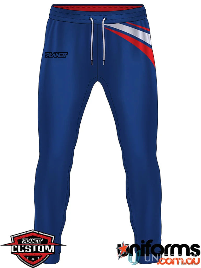 Blue athletic pants from CR145 Custom Cricket Pants made with sublimated sports fabric