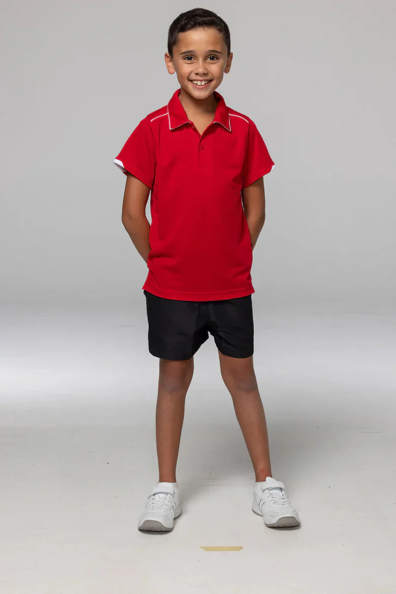 Red Currumbin Kids mini waffle polo uniforms with white trim
