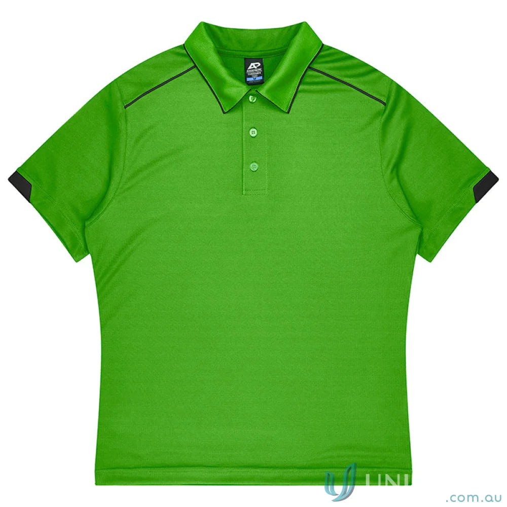 Vibrant green Currumbin Kids Polo shirt with black trim, perfect for mini waffle uniforms or workwear