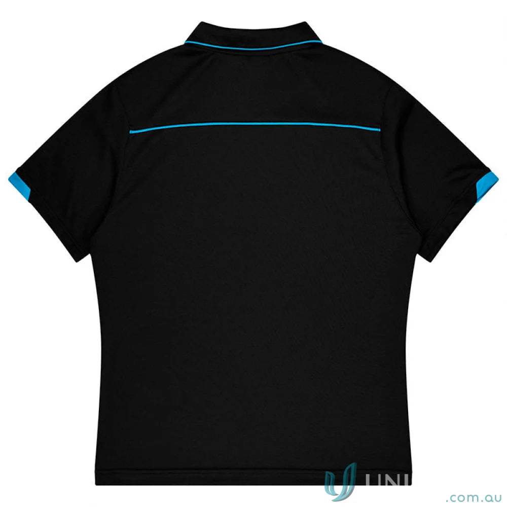 Black short-sleeved polo shirt with light blue stripe and cuffs, ideal workwear or uniforms