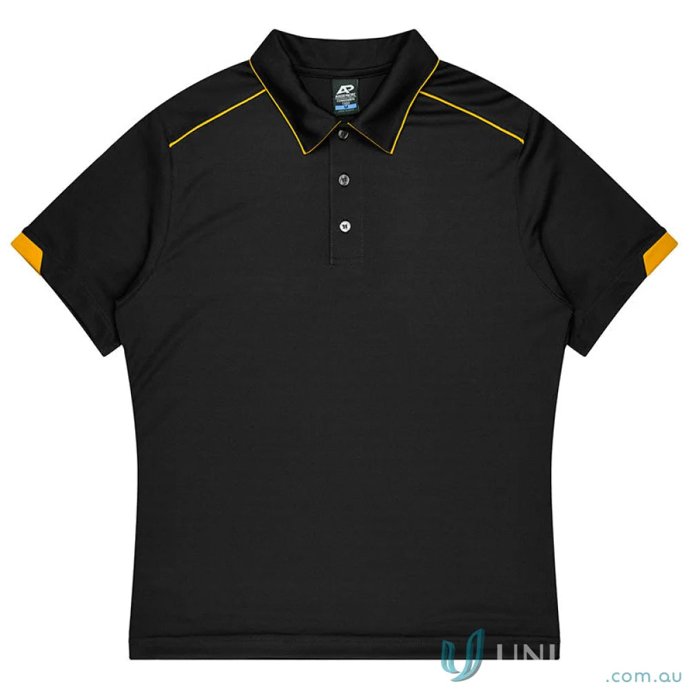 Black short-sleeved polo shirt with yellow trim from Currumbin-mens-polos, great for workwear