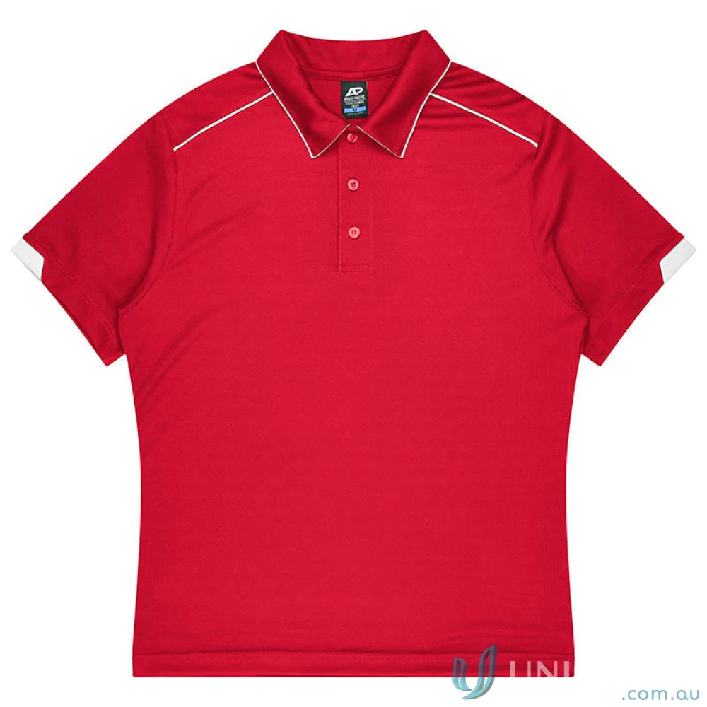 Red polo shirt with white piping from Currumbin mens polos, perfect for workwear or uniforms