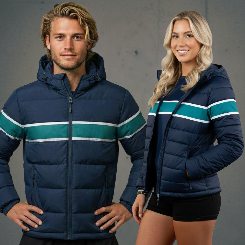 Navy blue dye sub puffer jacket with teal and white stripes ideal for work uniforms and durable workwear