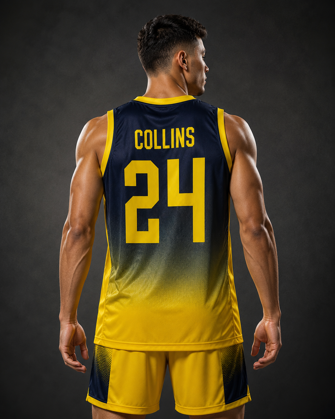 Person wearing a yellow and blue basketball jersey with 'Collins' and number '24' on a dark background