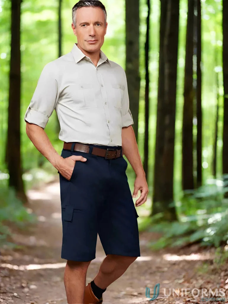 Man in outdoor attire wearing mens Detroit short from Biz Collection Detroit with Biz Flexi-Band waistband