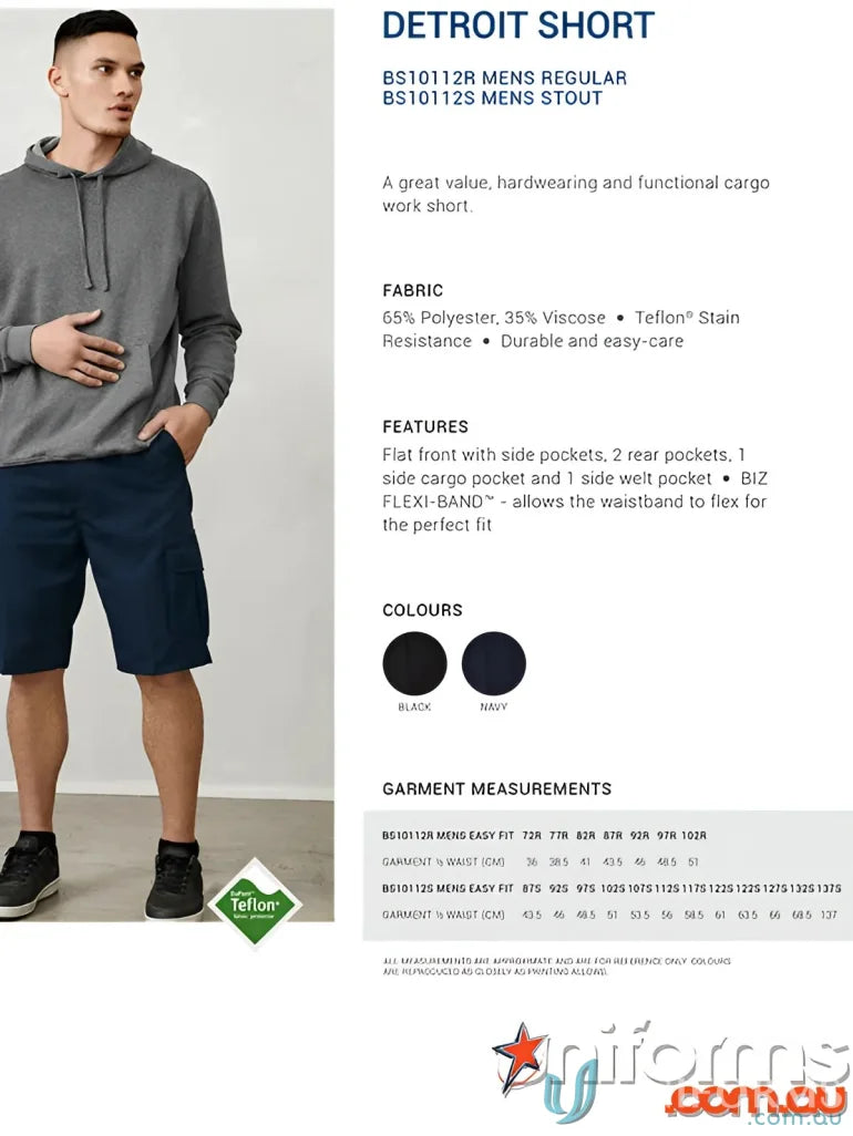 Mens Detroit Short from Biz Collection with Biz Flexi-Band waistband and cargo style