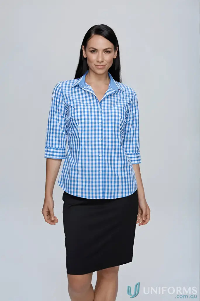 Aussie Pacific 2908T Devonport Ladies 3qtr Shirt in Mid Blue/Sky front product image