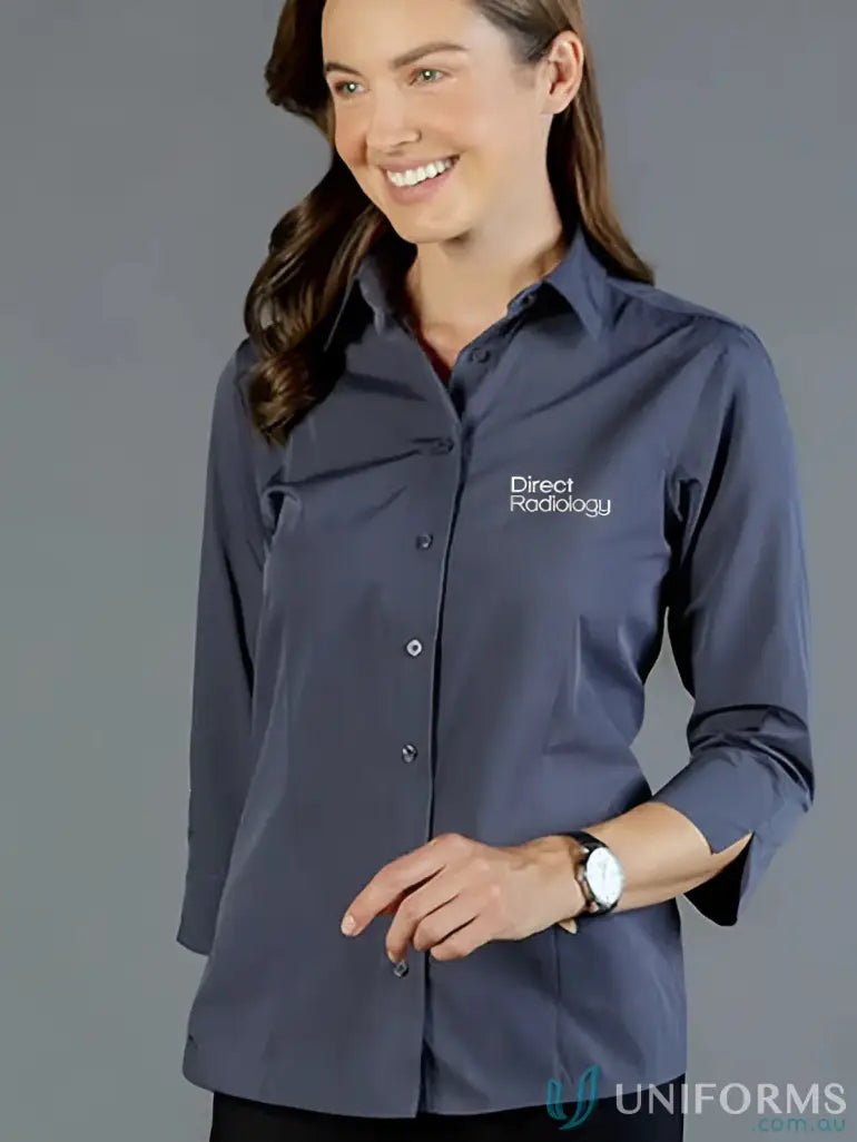 Navy blue button-down direct radiology work uniform shirt with white embroidery perfect for professional workwear