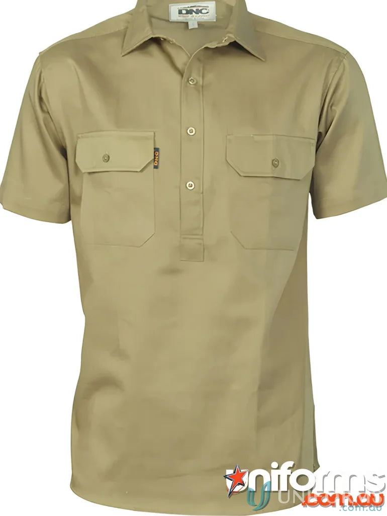 Khaki cotton drill short-sleeved work shirt from DNC Cotton Close Front SS Shirt for uniforms