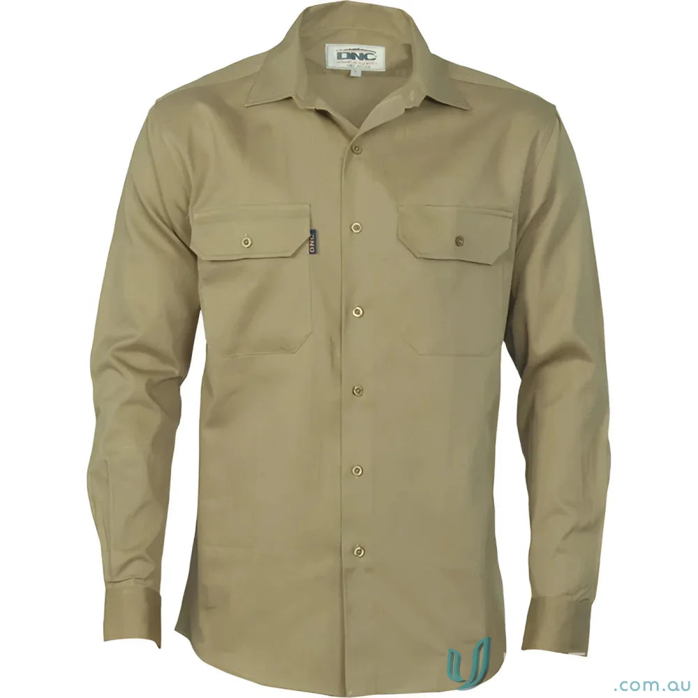 Khaki cotton drill work long-sleeved button-down shirt from DNC Cotton Drill Work collection
