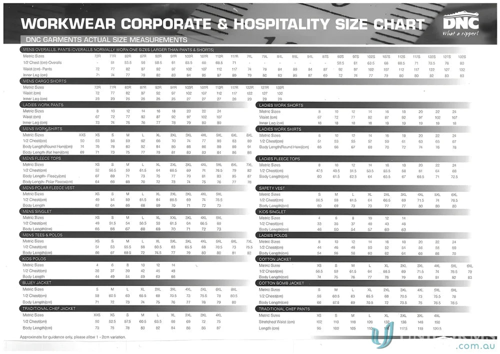 Clothing size chart for DNC Denim Stretch Jeans showing demin stretch sizes