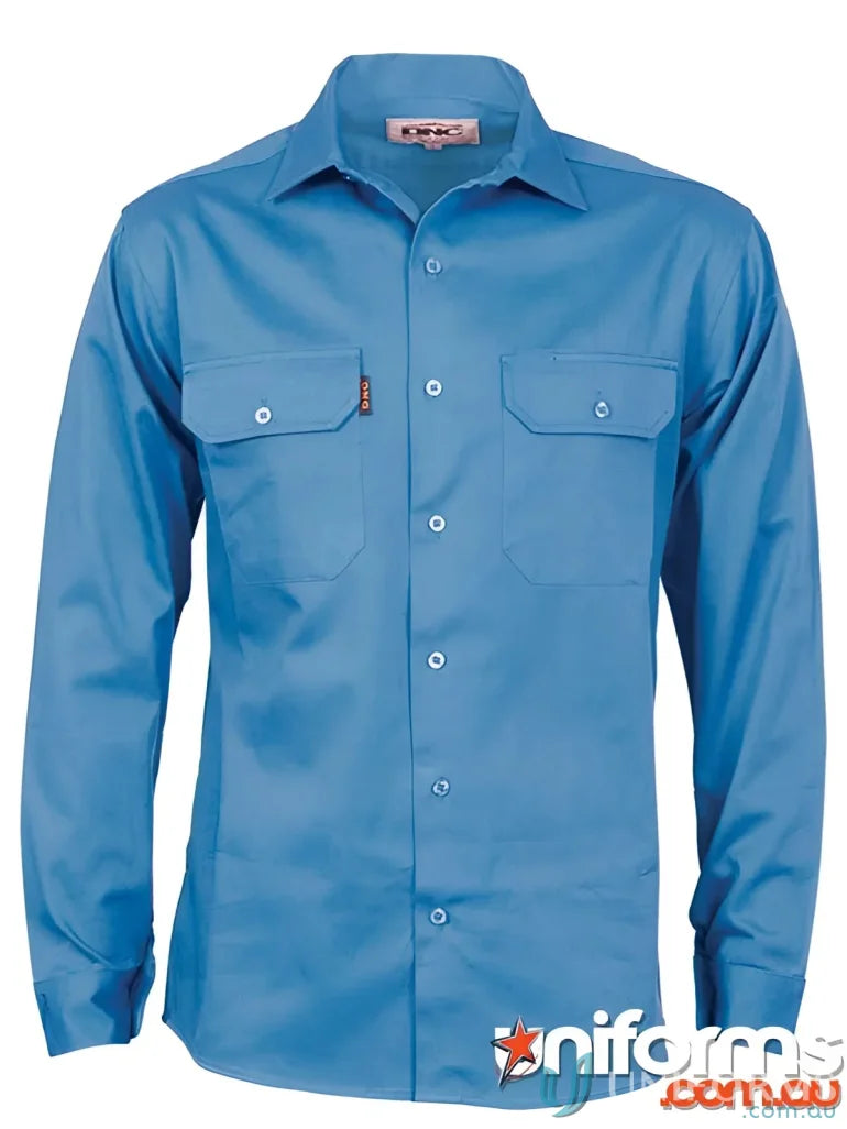 Blue cotton drill drill work shirt with long gusset sleeves for durability