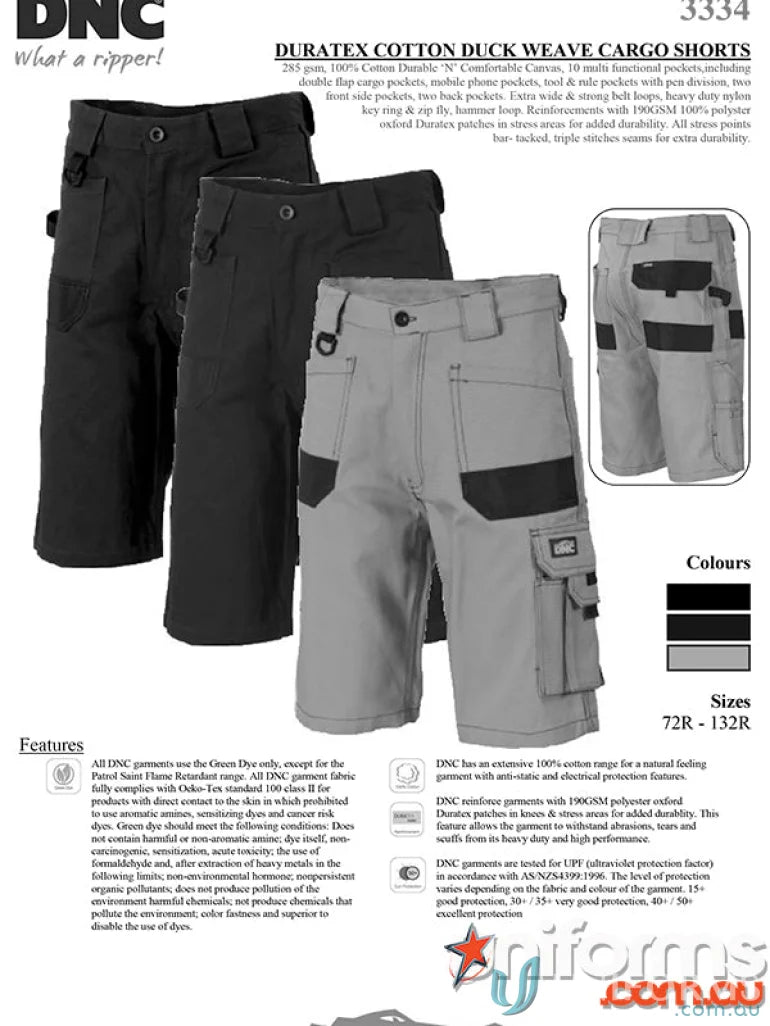 Mens DNC Duratex Cotton Duck Weave Cargo Shorts in black and grey with pockets