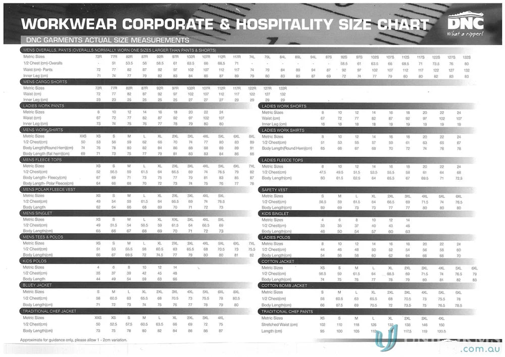 Size chart for DNC Hivis Close Drill LS Shirt workwear and hospitality garments