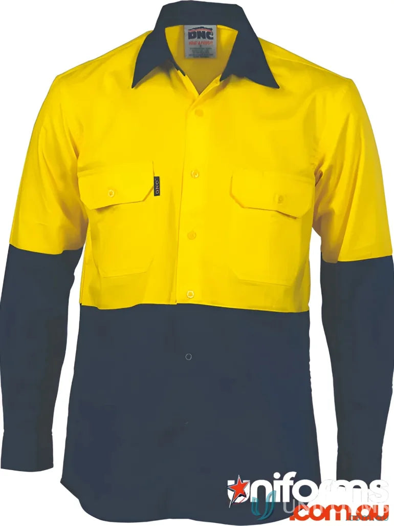 Yellow and navy blue two-tone cotton drill work shirt for uniforms
