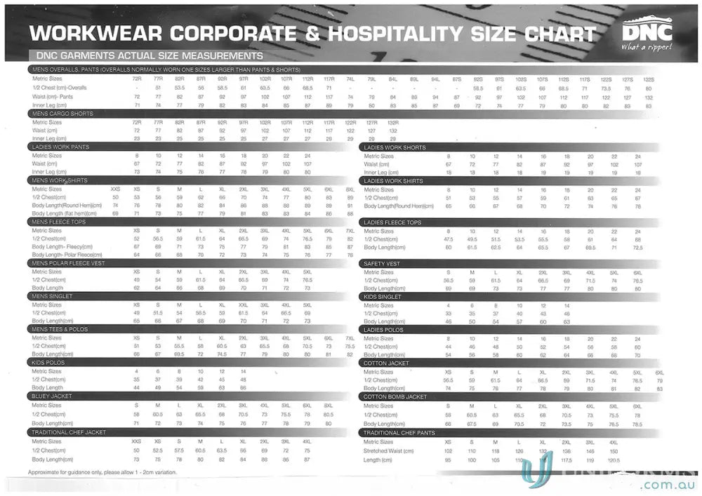 Workwear size chart for DNC Light Weight Cool-Breeze Cotton Drill Coverall uniforms