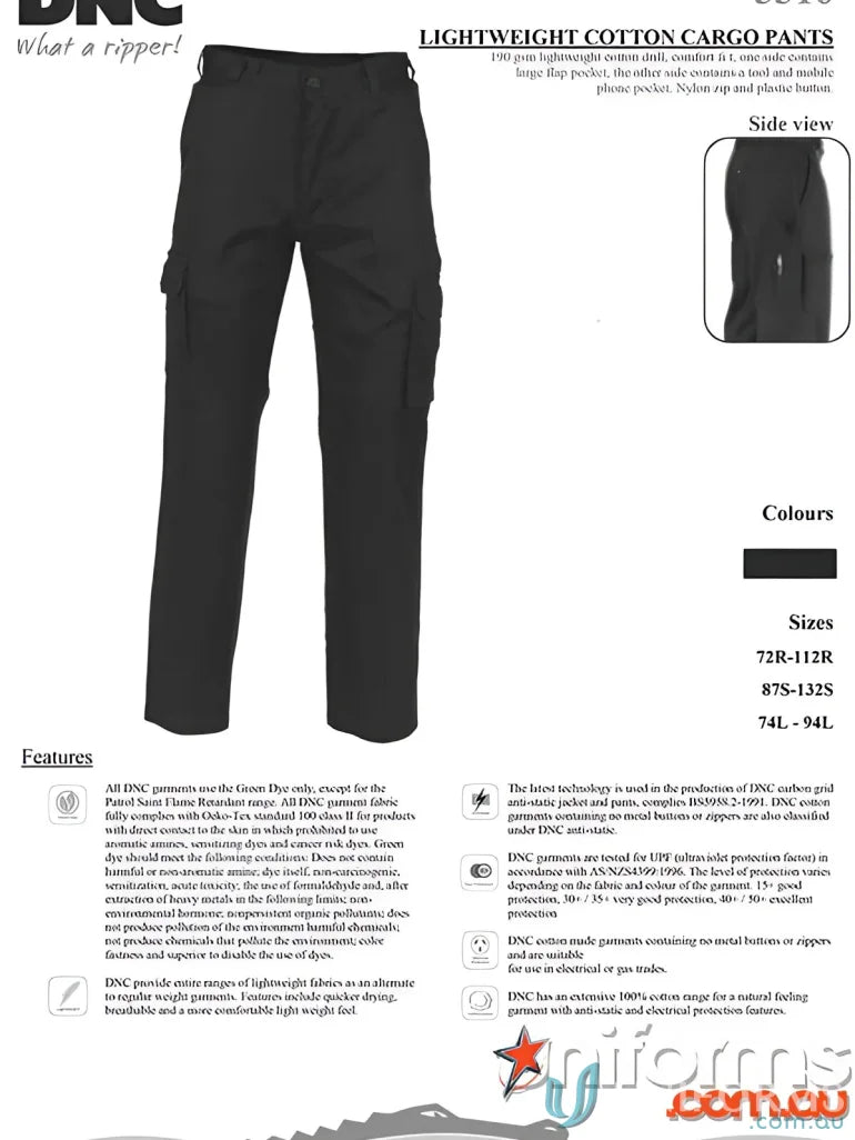 Black DNC lightweight cool-breeze cotton cargo pants for comfy everyday wear